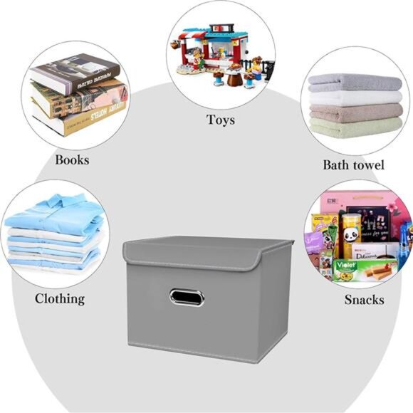 Linen Fabric Storage Cubes w/ Lid & Leather Handles - Foldable, 3-Piece Set,Grey - Picture 3 of 7